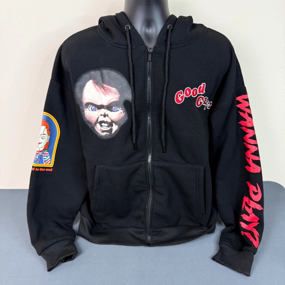 Chucky Good Guys Horror Graphic Men's Hoodie Medium Black Zip Hooded w/ Pockets